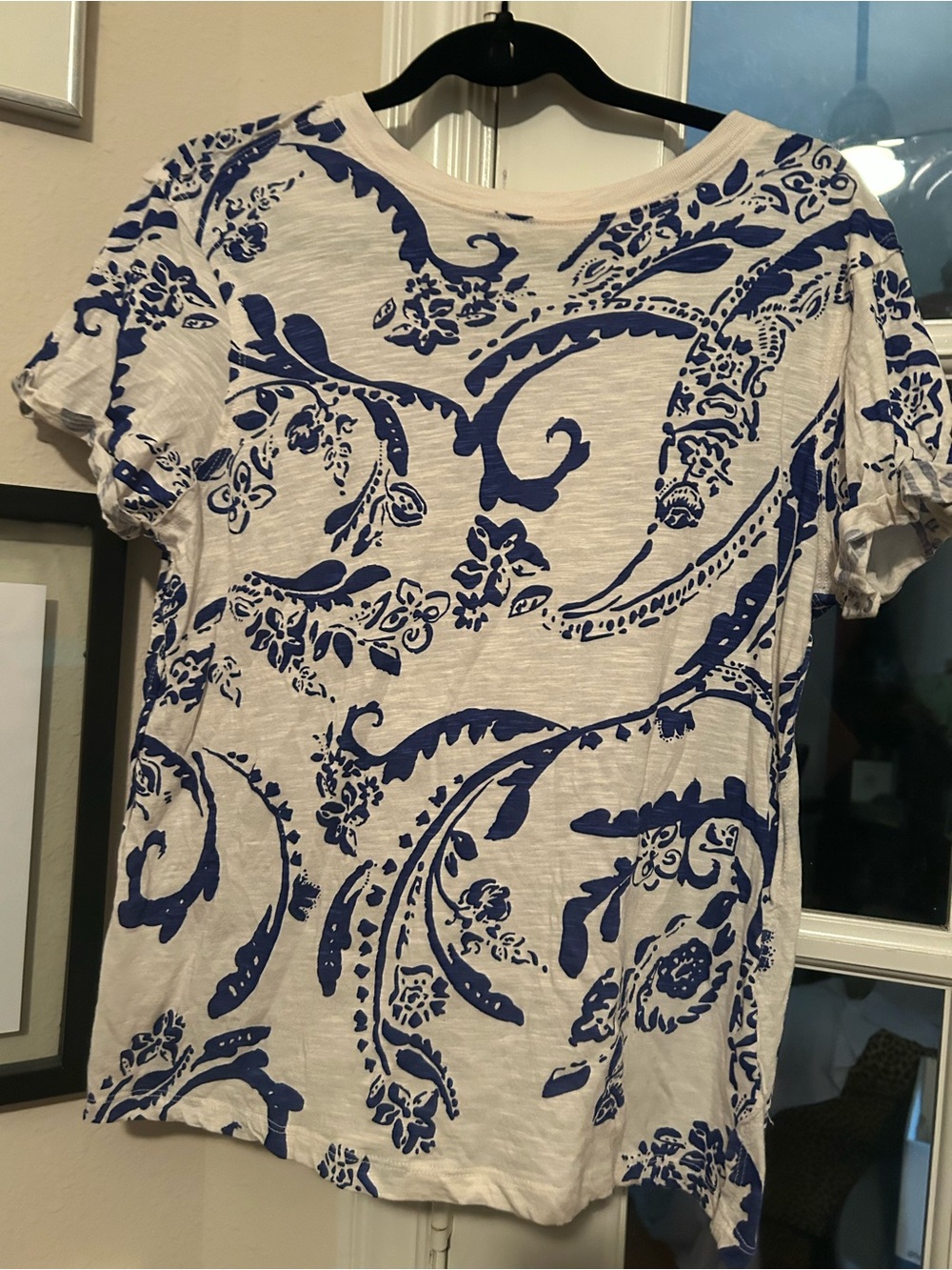 Workshop Republic Clothing White Top with Bold Blue Paisley Print